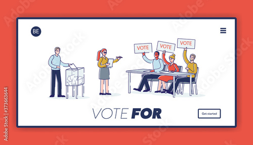 Online election landing page with cartoon voters filling survey and throwing ballot in box