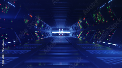 Blue sci-fi passageway with...