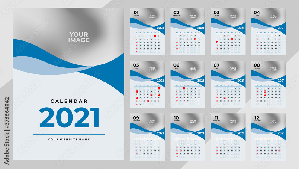 Modern business 2021 calendar layout template design in blue color with wave shape Modern business 2021 calendar layout template design in blue color with wave shape