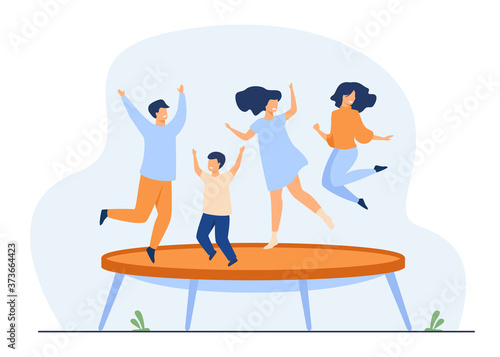 Happy friends jumping on trampoline flat vector illustration. Cartoon people having fun and bouncing in amusement park. Friendship and entertainment concept