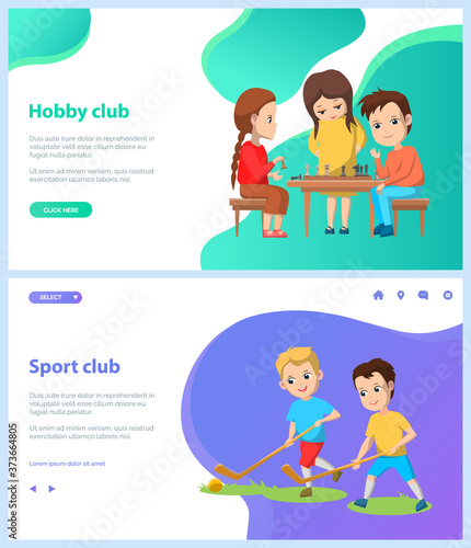Hobby and sports club vector, back to school concept. Children boys playing field hockey with wooden sticks, kids with chess thinking on strategy of game. Website or webpage template, landing page