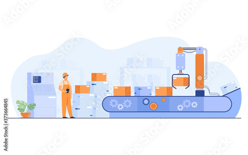 Worker watching conveyor with boxes isolated flat vector illustration. Cartoon man standing in warehouse with automation process. Manufacture and factory concept
