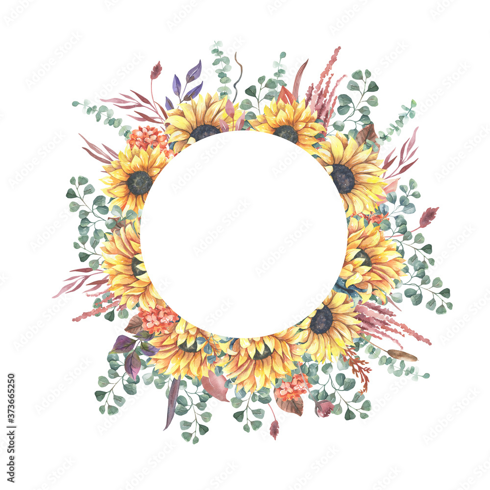Obraz premium Watercolor hand painted floral sunflower fame.Watercolor floral illustration with sunflowers - for wedding invite, stationary, greetings, wallpapers, background.