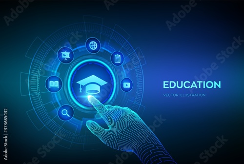 Education. Innovative online e-learning and internet technology concept. Webinar, knowledge, online training courses. Skill development. Robotic hand touching digital interface. Vector illustration.