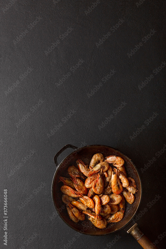 Fried shrimp in pan copy space for text. Fried shrimp in pan copy space for text.