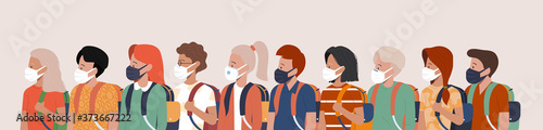 Back to school, new normal concept. Group of children wearing medical masks to prevent disease, flu, air pollution, contaminated air, world pollution. Vector illustration