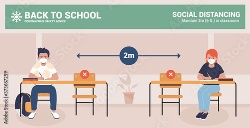 Back to school. Social distancing and coronavirus covid-19 prevention. Keep distance in classroom to protect from COVID-19 coronavirus outbreak spreading concept. Vector Illustration
