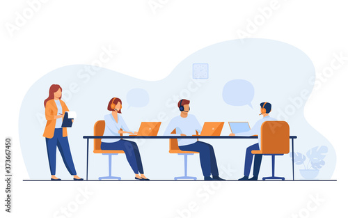 Young operators working in call center isolated flat vector illustration. Cartoon administrator holding clipboard and checking work in office. Customer service and support concept