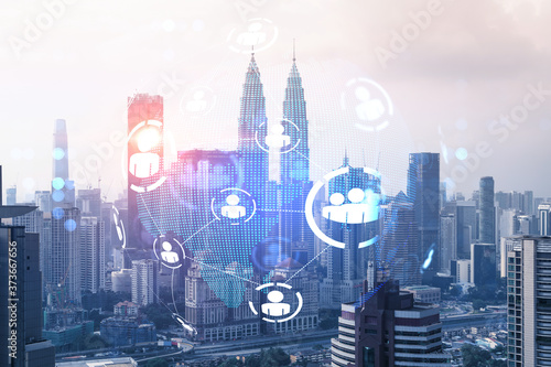 Photography Social media icons hologram over panorama city view of Kuala Lumpur, Malaysia, Asia