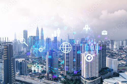 Photography Social media icons hologram over panorama city view of Kuala Lumpur, Malaysia, Asia