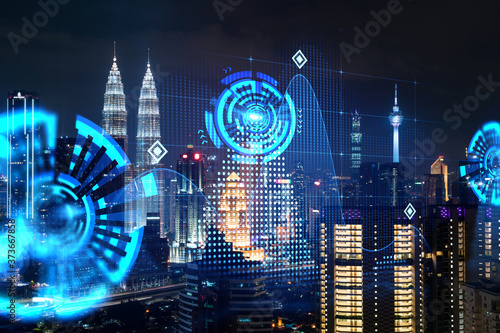 Canvas Print Abstract technology icons, night aerial panoramic cityscape of Kuala Lumpur, Malaysia, Asia