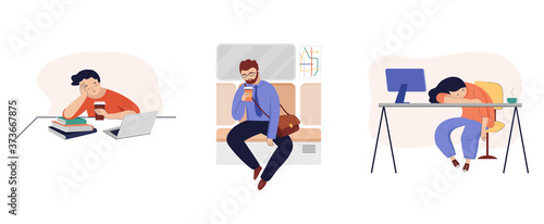 Set of tired, sleepy people, office workers, tired mother with postnatal depression, student, sleepy man in a subway 