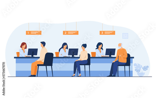 Finance managers working with clients isolated flat vector illustration. Cartoon people sitting in bank office for money exchange. Bank interior and credit department concept