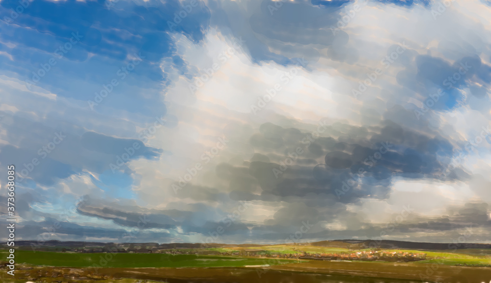 watercolor illustration:  Dramatic sky with dark clouds over the hilly Harz foreland near the Oker, aerial photo with the drone.