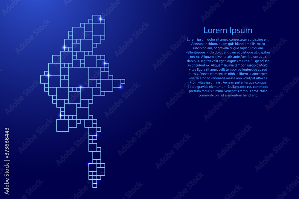 Myanmar map from blue pattern from a grid of squares of different sizes and glowing space stars. Vector illustration.