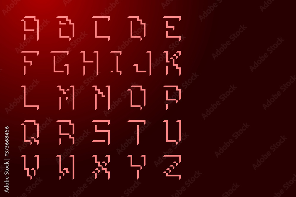 Font English letters alphabet cubic with shadows red on dark background. Vector illustration.
