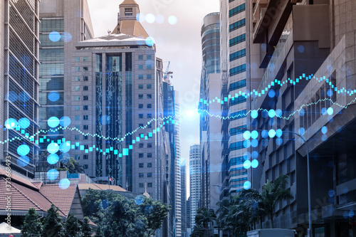 Photography Forex and stock market chart hologram over panorama city view of Singapore, the financial center in Asia