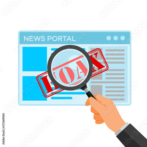 Vector illustration of internet user using a magnifying glass to detect fake news. Perfect for background design from the anti HOAX campaign. Flat illustration of fake news search in the online sites.