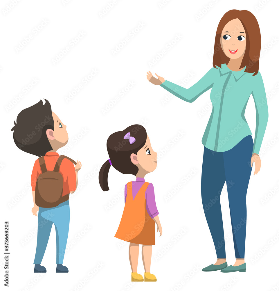 Schoolgirl and schoolboy standing near teacher. Boy with brown backpack on  his back. Little girl in orange dress. Woman talking with pupils. Back to  school concept. Flat cartoon vector illustration Stock Vector |