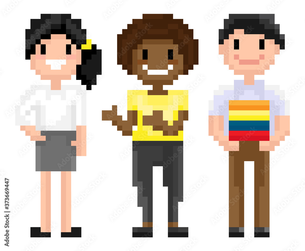Man and woman pixelated graphics of 8 bit game isolated character of pixel game, mosaic representation, Afro American and Evropean personages, friends spending time together, for business or education Man and woman pixelated graphics of 8 bit game isolated character of pixel game, mosaic representation, Afro American and Evropean personages, friends spending time together, for business or education