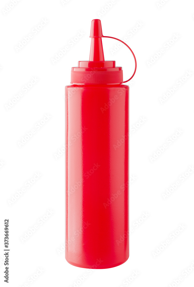 Red plastic bottle of tomato ketchup isolated on white background Red plastic bottle of tomato ketchup isolated on white background