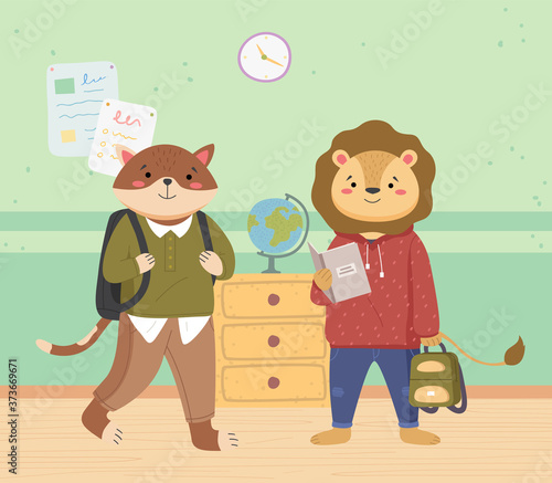 Smart active students came to study for a geography lesson with books. Cute lion and a cat schoolboys with backpacks are standing near the globe. Funny cartoon animal student. Back to school concept