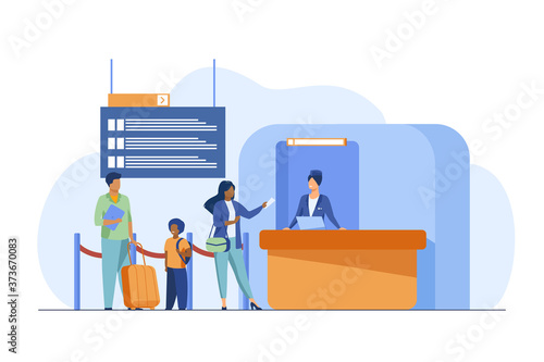 People standing at flight registration counter. Family, baggage, ticket flat vector illustration. Travelling and vacation concept for banner, website design or landing web page