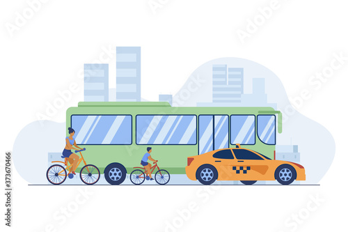 Bus, taxi and cyclist driving on city road. Transport, bicycle, car flat vector illustration. Traffic and urban lifestyle concept for banner, website design or landing web page