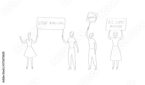 Rally against racism. Protest movement against violence and inequality. People advocate for gender and racial equality. Hand drawn flat vector illustration