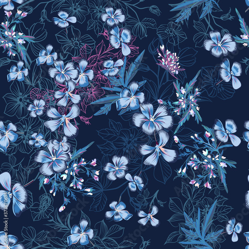 Vector seamless pattern with hand drawn flowers in blue color