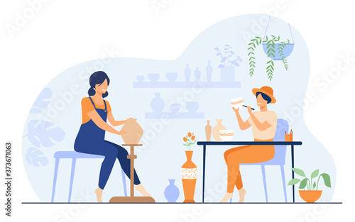 Smiling female artists creating ceramic vase from clay isolated flat vector illustration. Cartoon ceramists making colorful earthenware. Pottery hobby and handcraft concept