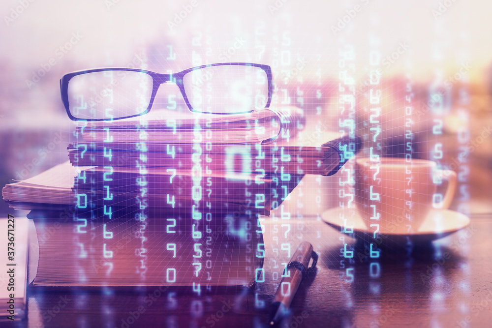 Fototapeta premium Data tech hologram with glasses on the table background. Concept of technology. Double exposure.