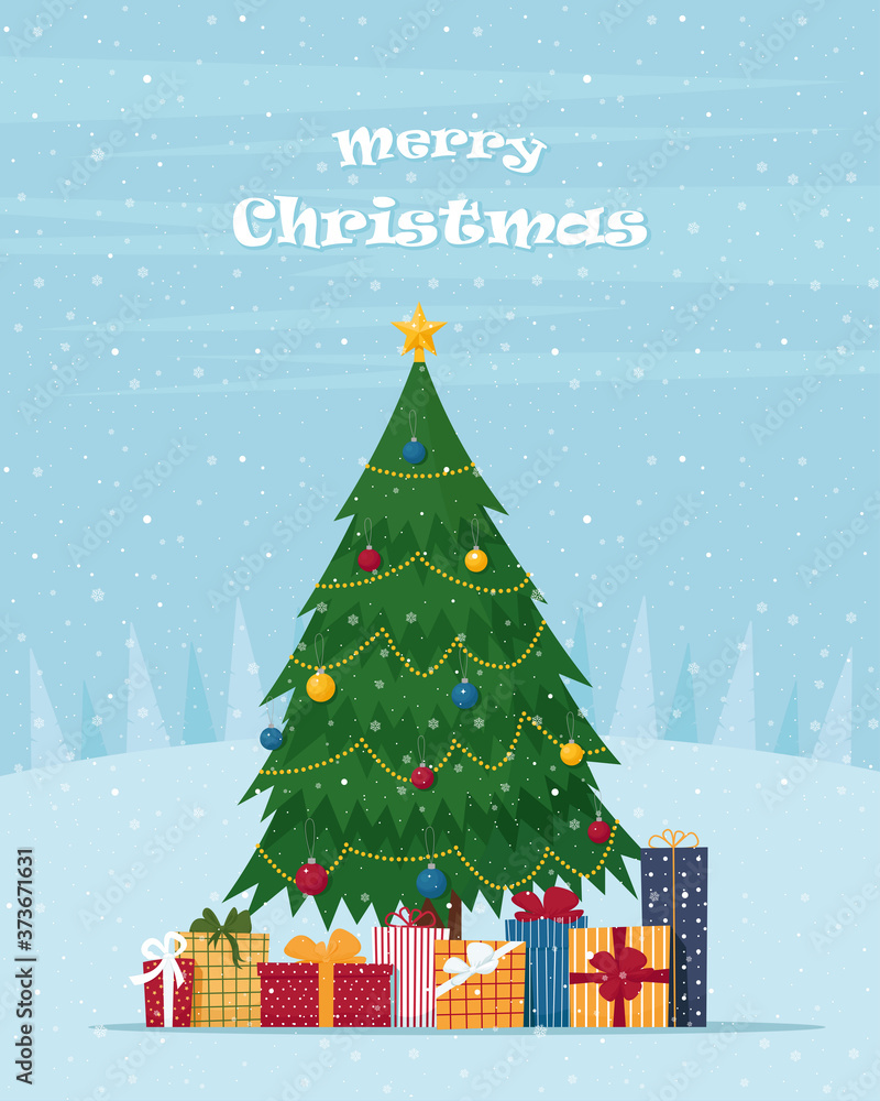 Christmas tree with gifts boxes on snow winter background. Cute vector illustration in flat style for greeting New Year or Merry Christmas card Christmas tree with gifts boxes on snow winter background. Cute vector illustration in flat style for greeting New Year or Merry Christmas card
