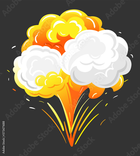Big explosion with orange and grey clouds of fire and dust. Isolated bang in motion, bright and radial bursting. Chemical outburst of energy. Vector illustration of burst impact in flat style