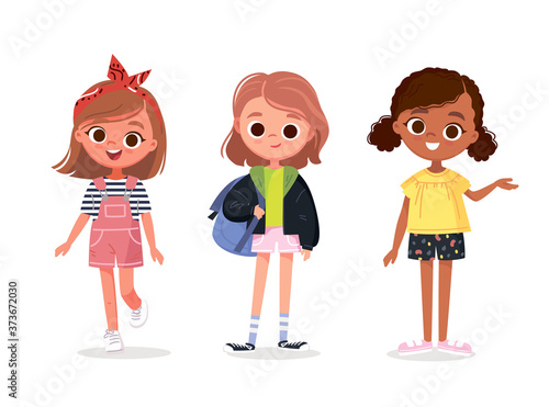 Set of happy little girl kids in different clothes casual outfit. Group of stylish fashionably wear dressed girls teenagers. Children baby fashion. Cartoon characters school children pupil. Vector.