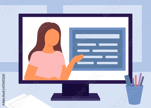 E-learning, internet education. Teacher video communication on computer. Home school, distance learning, online course concept. Vector flat illustration