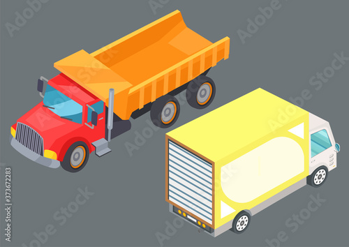 Two colorful lorry trucks on road. Motor vehicles for freight. Big automobile for fast transportation goods. Logistics delivery vector illustration