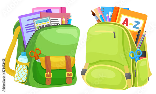 Colored school backpack. Education and study back to school, schoolbag luggage, rucksack vector illustration. Kids school bag with education equipment. Backpacks with study supplies. Student satchels