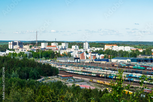 Kouvola, Finland - 11 June 2020: Beautiful top view from above of city Kouvola from slope Mielakka. Summer day, Finland. photo