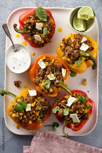 Stuffed pepper with quinoa and meat. Top view.