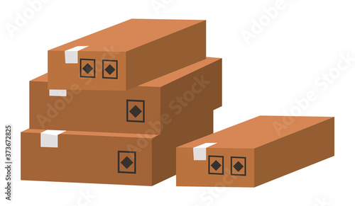 Carton square box, delivery and packaging of goods for comfortable transportation. Shipping cardboard box and icons of fragility and recycling vector illustration. Paper container for storage