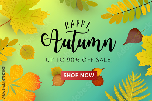 Autumn season advertising banner. Autumn falling red, yellow, orange, brown leaves on bright background. Sale banner template or promo poster.