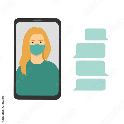 woman on the screen in a medical mask, video communication with a doctor or selfie. flat vector illustration