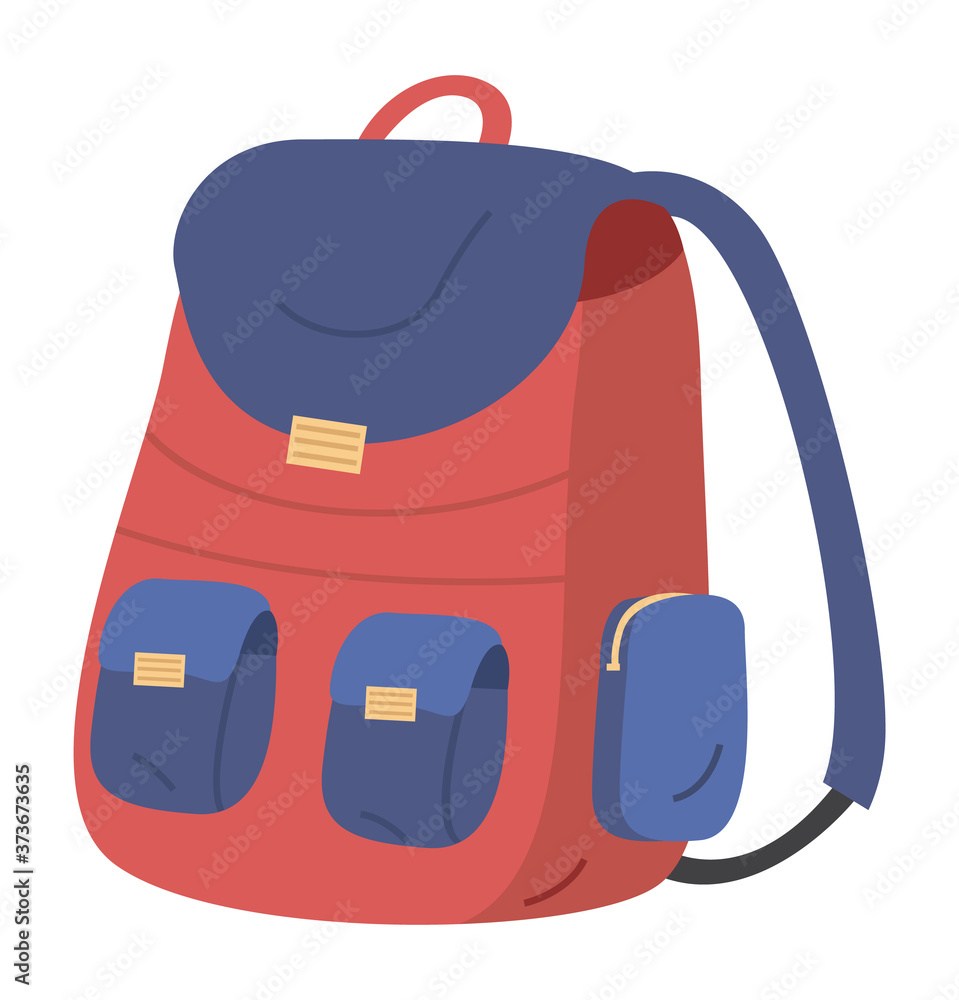 Illustration of red and blue school bag on a white background. Kids backpack  with education equipment. Education and study back to school, schoolbag  luggage in cartoon style, vector rucksack Stock Vector |