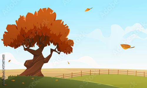 Cartoon vector illustration of the autumn landscape. Tree with wooden fence in background. 
