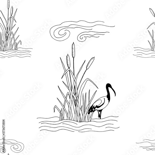 Art & Illustration.
Seamless pattern stylized drawing of cattail in water with clouds and ibis. Legends of Egypt.