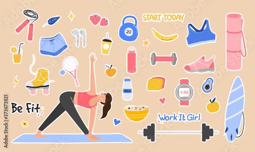 Sport set lifestyle concept. Cute girl doing exercises trying to keep fit. Hand drawn funny elements of a healthy lifestyle. Trendy sports life. Colorful Cartoon Flat Vector Illustration