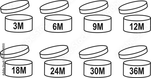 pao symbol shelf life vector icon. cosmetic open period use logo. 3, 6, 12, 24, 36, 3m, 6m, 12m, 24m, 36m month best before product mark. cream eu pack label. isolated white background set  photo