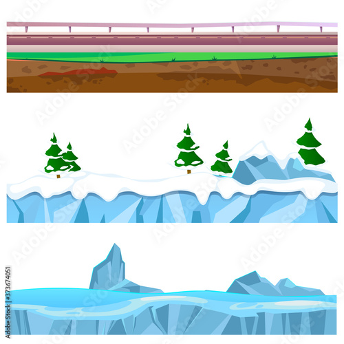 Cartoon rounds layers land with road and snow