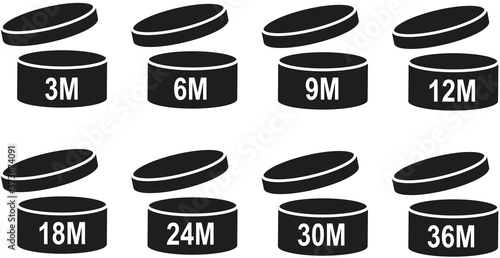 pao symbol shelf life vector icon. cosmetic open period use logo. 3, 6, 12, 24, 36, 3m, 6m, 12m, 24m, 36m month best before product mark. cream eu pack label. isolated white background set 